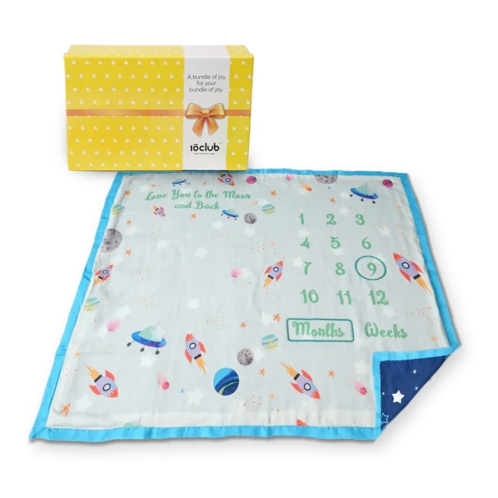 Reversible Milestone Baby Blanket Gift Box Blue