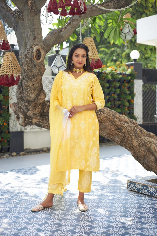 Soft Chanderi 3 pc Kurta set- Golden-Yellow / M