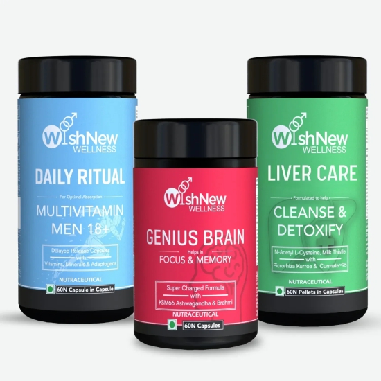 Wishnew Wellness Men's Clarity & Detox Trio: Daily Ritual Multivitamin Men 18+ + Genius Brain + Liver Care