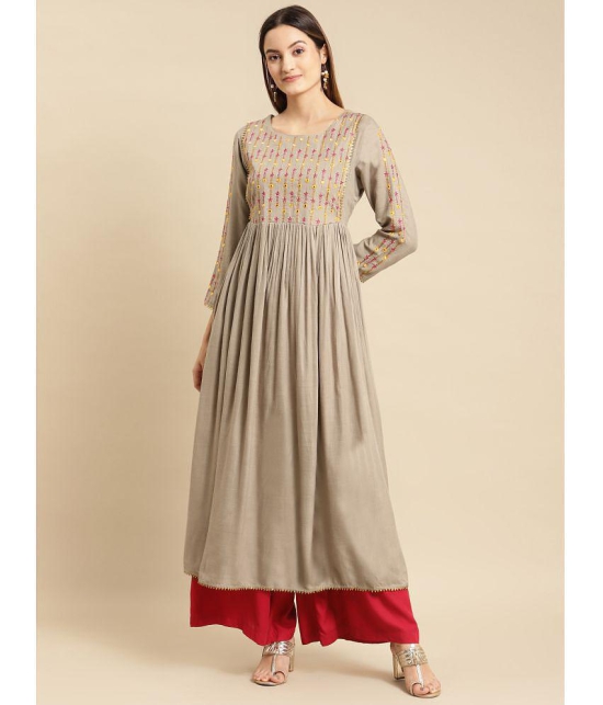 Rangita Women Rayon Olive Yoke Embroidered Calf Length Kurti Gathered At Waist - None