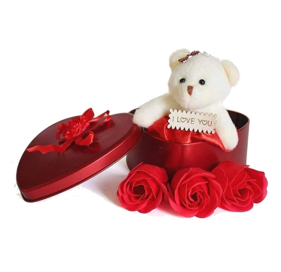 Teddy and Roses(3 Pieces Roses 1 Small Bear Doll)/ Heart Shaped Gift Tin Box containing Teddy and Roses with Love Message/Heart Shape Tin Box ( Red / Pink )