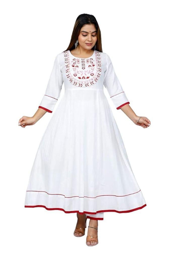 Monika Fashion Women Rayon Fabric Designer White Color Anarkali Kurta