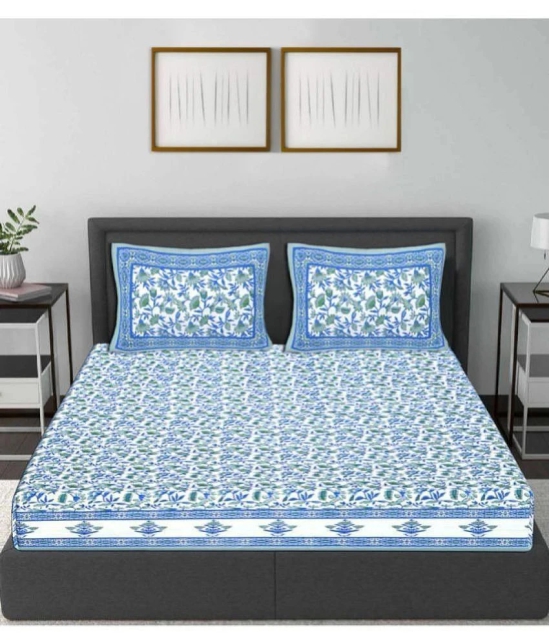 Frionkandy Cotton Floral Printed Double Bedsheet with 2 Pillow Covers - Blue - Blue