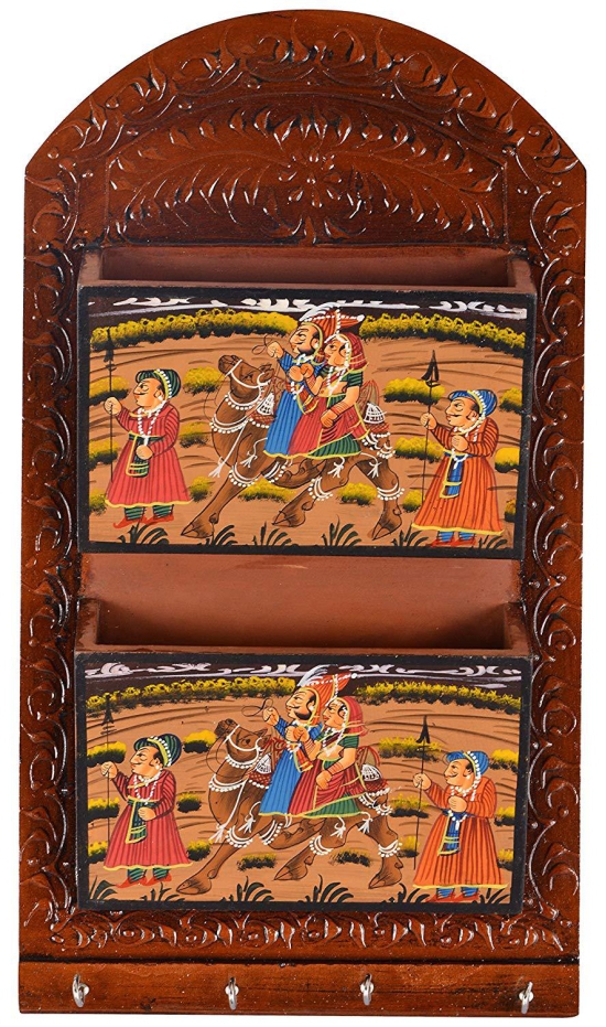Wooden Handmade Key & Letter Holder with beautiful painting work size (38 cm x 24 cm x 7 cm, Brown)