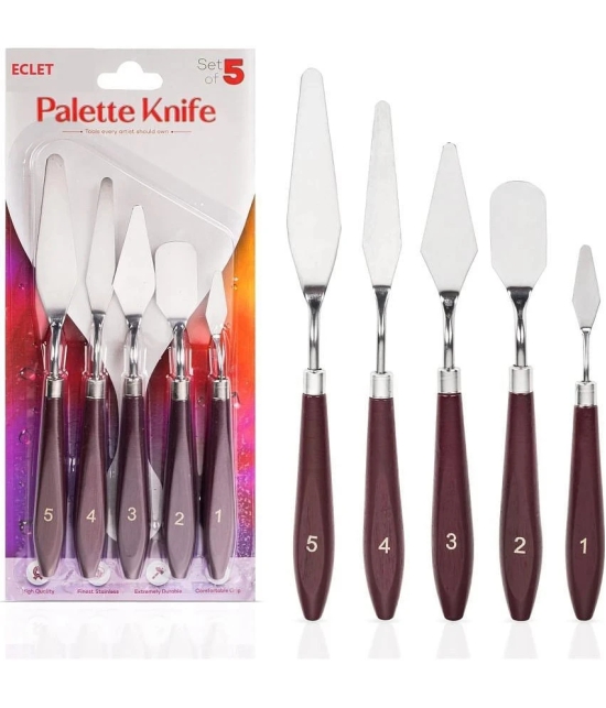 ECLET Palette Painting Knives - Set of 5 Various Sizes & Shapes, Stainless Steel Scraper Spatula with Polished Brown Handle for Artist Canvas Oil Paint Mixing Colour(B)