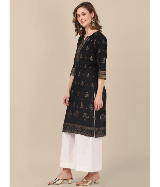 Rangita Women 100% Cotton Black Gold Printed Knee Length Straight Kurti - None