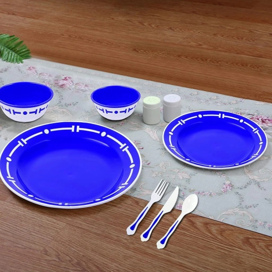 28 Pieces Plastic Dinner Set with Cutlery for Families | Parties | Unbreakable | BPA Free | Microwave & Freezer Safe | Dishwasher Safe, Blue