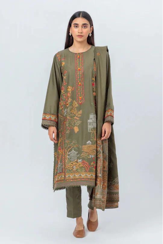 Beechtree Unstitched Shawl 23 -  3 PIECE - EMBROIDERED CAMBRIC SUIT WITH WOVEN SHAWL - CEDAR GREEN