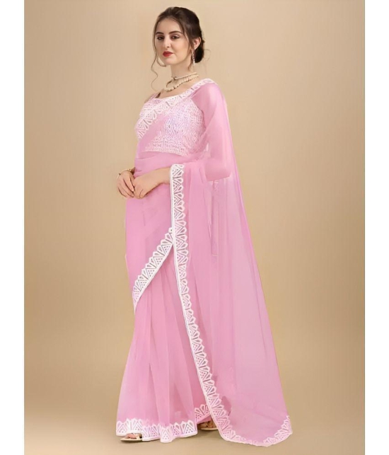 Rangita Women Solid Embroidered Net Saree with Blouse Piece - Pink - Pink