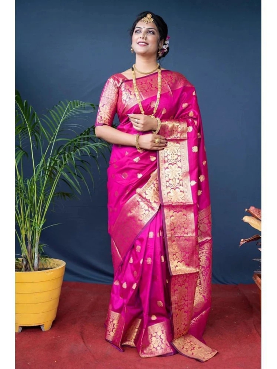 Gazal Fashions Banarasi Silk Woven Saree With Blouse Piece - Pink ( Pack of 1 ) - Pink