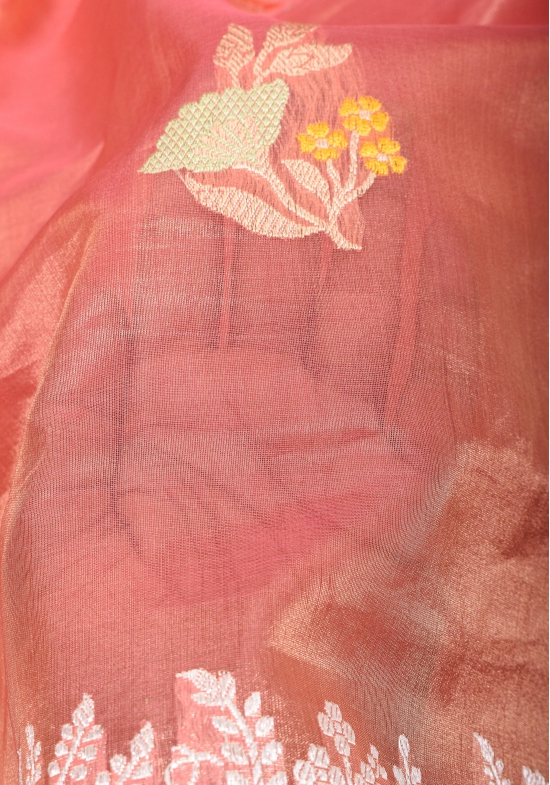 Salmon Pink Tissue Organza Banarasi Pure Silk Saree with Meenakari Buttas | SILK MARK CERTIFIED