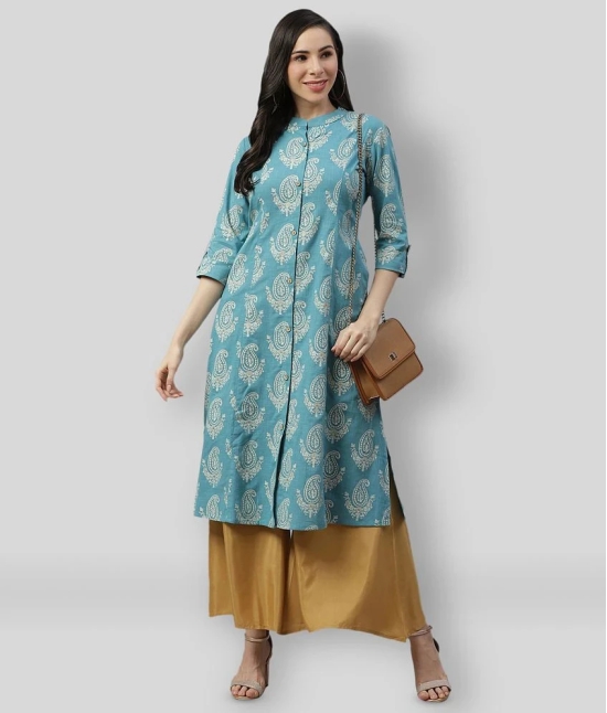 Divena - Turquoise Cotton Womens Front Slit Kurti ( Pack of 1 ) - 3XL