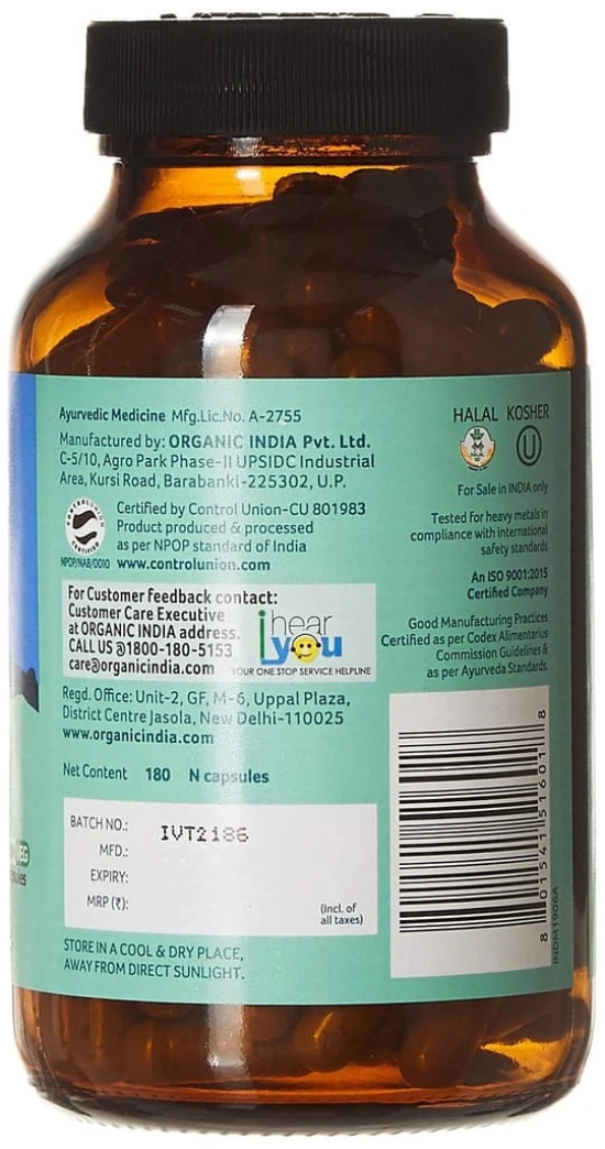 ORGANIC INDIA Breathe Free Ayurvedic Capsule || Respiratory Disorder & Congestion || Ptect Lungs from Smoking & Pollution || Relieves Allergic Asthma & Coughing - 180 N Veg Capsules