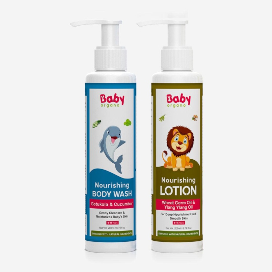 BabyOrgano Dry Skin Care Combo for Kids | Gentle Baby Wash (200ml) + Nourishing Baby Lotion (200ml) | 100% Ayurvedic | Safe for Kids