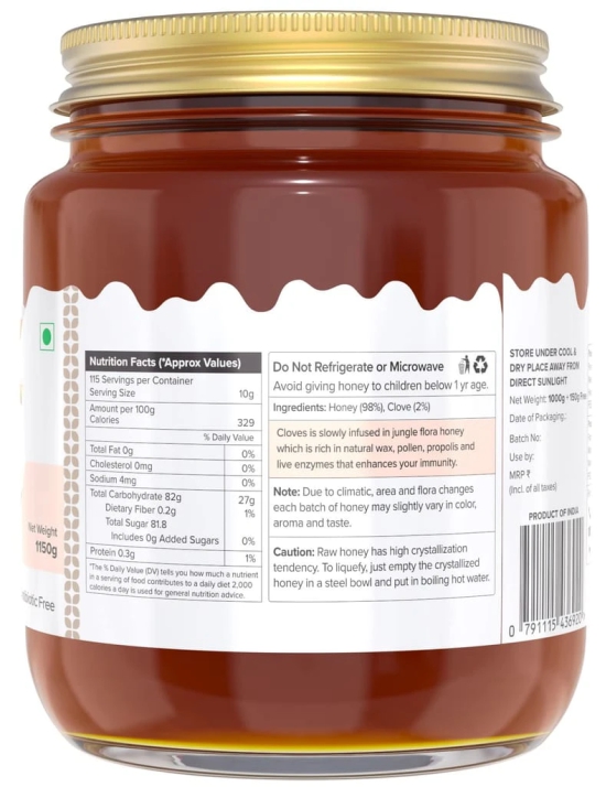 Farm Naturelle-Real Clove Infused Wild Forest Honey |1000gm+150gm Extra and a Wooden Spoon | 100% Pure, Raw Natural - Un-Processed - Un-Heated Honey | Lab Tested Clove Honey in Glass Bottle.