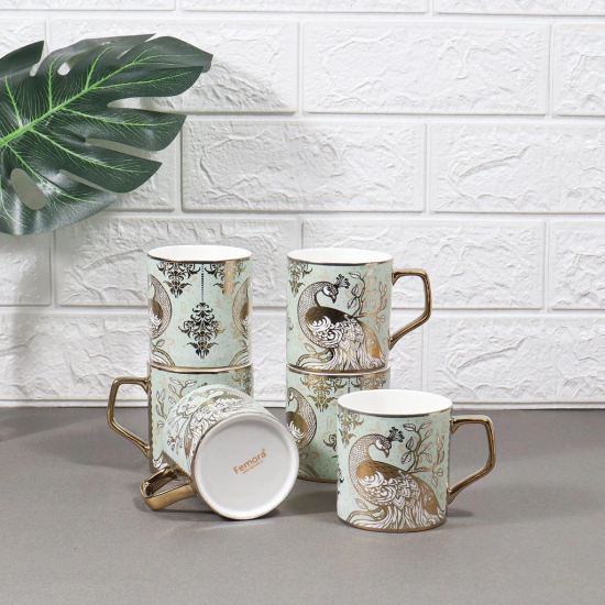 Femora Peacock Motif with Leaves Pattern Golden Tea Mugs, Ceramic Tea Cups, Coffee Mugs (180 ml, Golden) - 6 Pcs Set