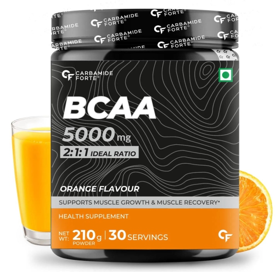 Carbamide Forte BCAA Powder - BCAA with 2:1:1 Ratio for Muscle Growth & Muscle Recovery - For Gym Goers - 210g-Orange