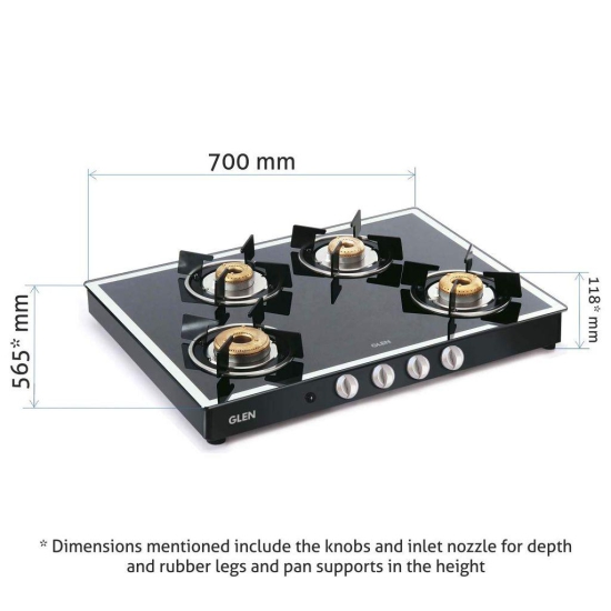 Glen 4 Burner LPG Gas Stove Mirror Finished Glass High Flame Forged Brass Burner, Extra Wide, Black (1048 GT FB MBL)