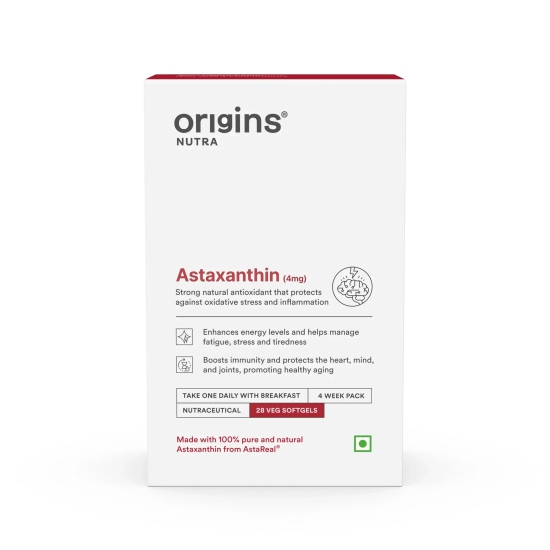 Origins Nutra Astaxanthin | Super Antioxidant, UV Protection, Heart, Skin & Eye Health, Joint Support | AstaReal® | GMP Certified| Non-GMO | For Men & Women| 28 Veg Softgel | Pack of 3 4 Weeks