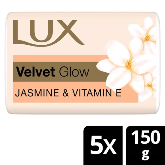 Lux Velvet Glow Buy 4 Get 1 Free Offer Jasmine & Vitamin E Bathing Soap For Glowing Skin Beauty Soaps 150 G