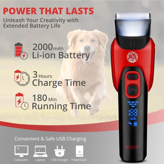 VGR V-208 Pet Clipper: 2000mAh Battery, LED Display, Ceramic Blades, Powerful Motor, 6 Combs, 180min Runtime, Travel Lock.-Red