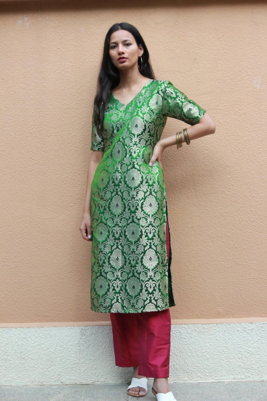 Green Brocade Kurta And Pants-XS / Kurta