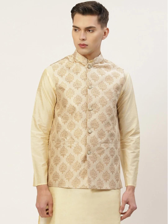 Jompers Mens Cream Printed Nehru Jacket-XL / Cream