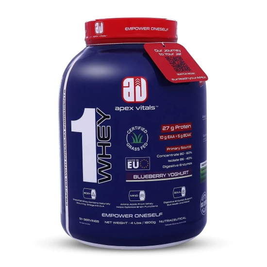 Apex Vitals 1 Whey - Grass-Fed Whey | 27g Protein, 10g EAA + 5g BCAA | Concentrate 80-60%, Isolate 86-40%, Digestive Enzymes | FDA, EFSA & FSSAI Certified|Blueberry Yogurt - 4lbs