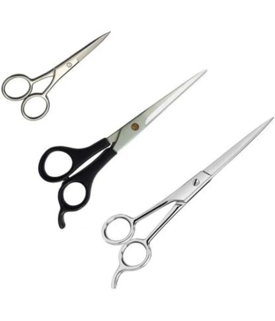 Combo of 3 Salon Accessories Scissor: 2 Barber Hair Cutting Scissor with 1 Beard and Mustache Styling Trimming and Scissors (Set of 3, Silver)