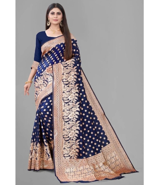 Gazal Fashions Banarasi Silk Embellished Saree With Blouse Piece - Navy Blue ( Pack of 1 ) - Navy Blue