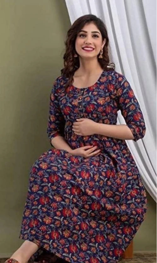 Women Floral Print Pure Cotton Anarkali Kurta  (Dark Blue)