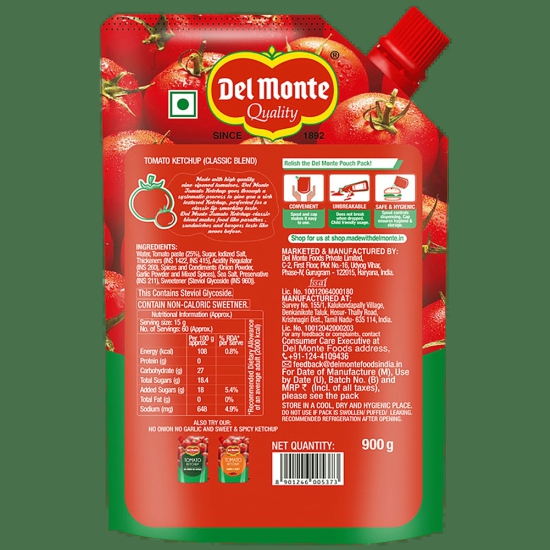 Del Monte Tomato Ketchup - Classic Blend, Rich & Thick Condiment, 900 G Spout Pouch