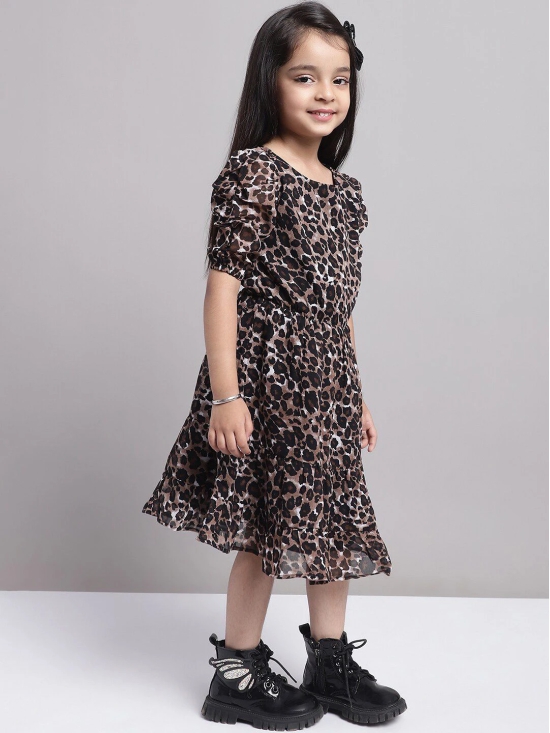 MINI & MING Girls Abstract Print Puff Sleeve Georgette Fit & Flare Midi Dress