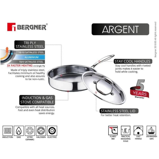 Bergner Argent Tri-Ply 22 cm Sautepan with Stainless Steel Lid | Gas & Induction Compatible | Silver