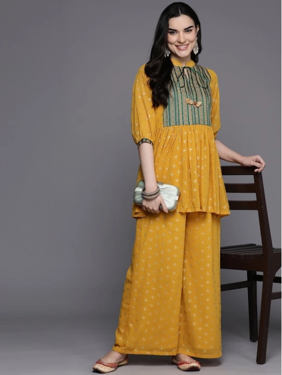 Floral Pleated Tie-Up Neck Kurti with Palazzos