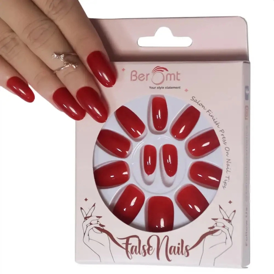 SHORT GLOSSY NAILS-(NAIL KIT INCLUDED)-Brick Red