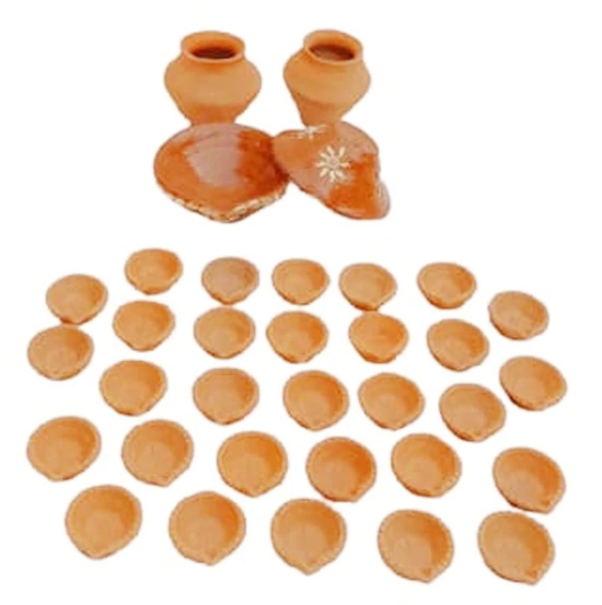 Mii Art Mitti Ke 31 Small diyai 2 Kalash Use in Diwali & Karvachoth for Puja Handmade Earthen Clay Terracotta Decorative Item(Color-Brown)(Material-Soil Clay) Pack of 1 Set.