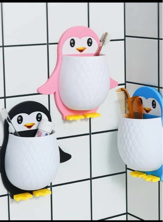 Namaskaram Wall Mounted Penguin Design Toothpaste Holder Unique Wall Mounted Self Adhesive Storage Wall Mount Toothbrush Holder Mobile Stand Multi Colour (Pack of 1)