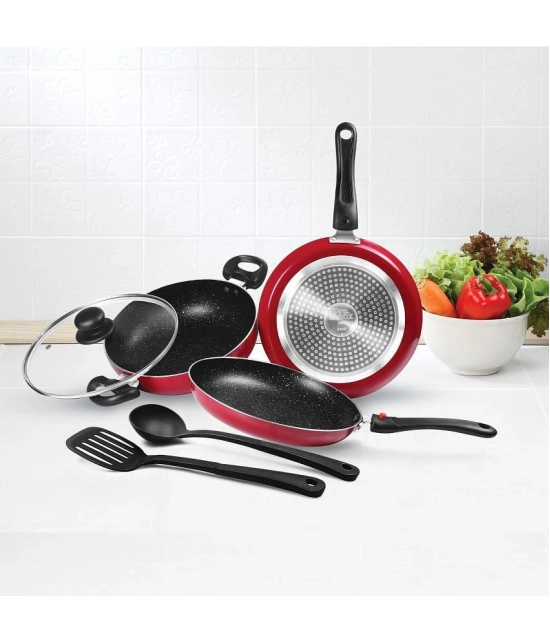 Milton Pro Cook Kitchen Jewel Set of 5 (Fry pan 24 cm/1.6 Litres; Kadhai 24 cm/2.5 Litres with glass lid; Tawa 25 cm;Nylon Laddle and Spatula), Maroon | Induction | Dishwasher | Hot Plate | 