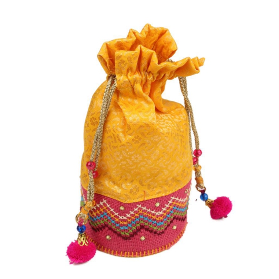 Tribes India Hand Embroidered Round Potli (Yellow)