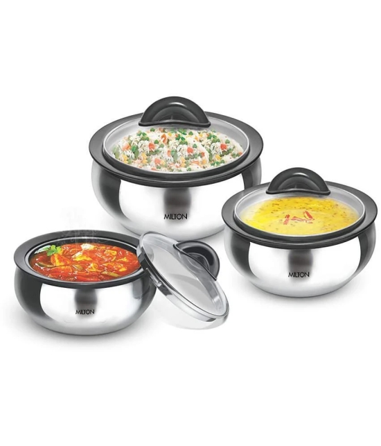 Milton Clarion Jr Stainless Steel Gift Set Casserole with Glass Lid, Set of 3, (610, 1.33 Litres, 1.78 Litres), Steel Plain - Silver