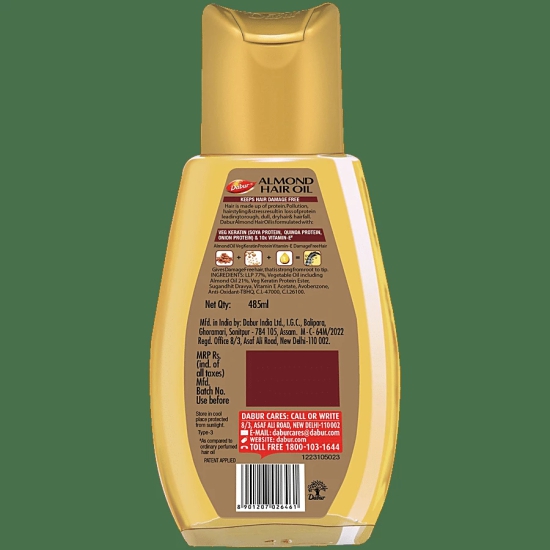 Dabur Almond Hair Oil - With Keratin Protein, Soya Protein & 10X Vitamin E, 485 Ml