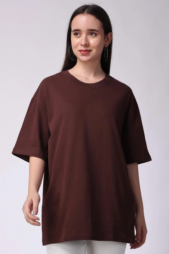 Womens Brown Plain Oversized Drop Shoulder T-Shirt-L / Brown