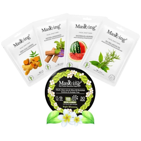 MasKing Bamboo Facial Sheet Mask For Neem, Saffron, Watermelon & Tea Tree Ideal For Women & Men (Combo Pack of 4) | Diva Night Blooming Nail Polish Remover 30 Round Pads (Pack of 1)