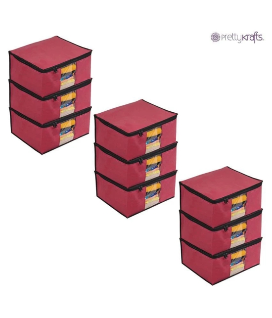 PrettyKrafts Non Woven Saree Cover Storage Bags Premium Quality Saree Organizer for Wardrobe/Cloth Organizer Pack of 9 - Maroon - Maroon