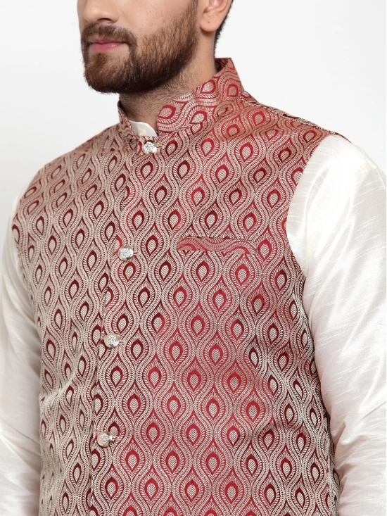 Jompers Mens Solid Dupion Kurta Pajama with Woven Jacquard Waistcoat-S / Maroon