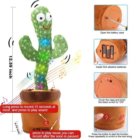 USB Charging Dancing Cactus  Musical Toy for Kids with Colourful Lights & Built-in Speaker Talking Toy for Kids (Pack of 1) Multicolor