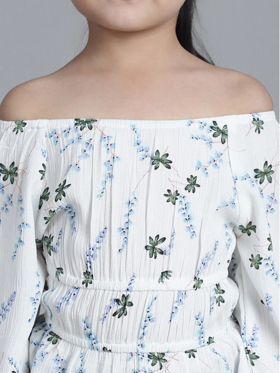 MINI & MING Girls Floral Printed Off-Shoulder Puff Sleeves Gathered Bardot Top