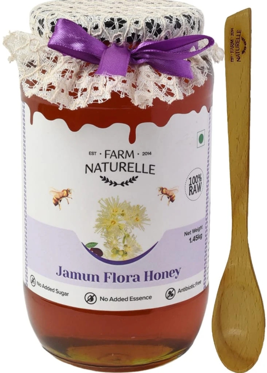 Farm Naturelle: Jamun Flower Honey, Wild Forest Honey |1450g and a Wooden Spoon |100% Pure Honey, Raw Natural Un-Processed - Un-Heated Honey | Lab Tested in Glass Bottle.