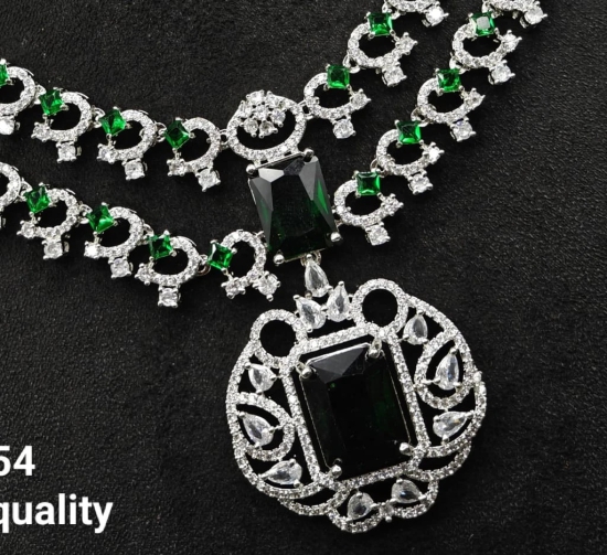 Green Colour American Diamond Necklace Set With Ear Rings